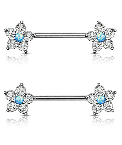 Surgical Steel 5 CZ Flower with Opal Glitter Center Nipple Barbell Rings Nipple Ring Impulse Piercings Blue