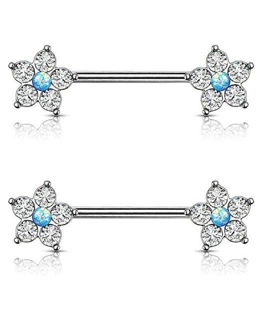 Surgical Steel 5 CZ Flower with Opal Glitter Center Nipple Barbell Rings Nipple Ring Impulse Piercings Blue