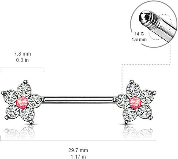 Surgical Steel 5 CZ Flower with Opal Glitter Center Nipple Barbell Rings Nipple Ring Impulse Piercings