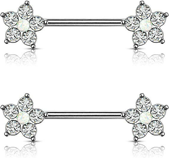 Surgical Steel 5 CZ Flower with Opal Glitter Center Nipple Barbell Rings Nipple Ring Impulse Piercings White