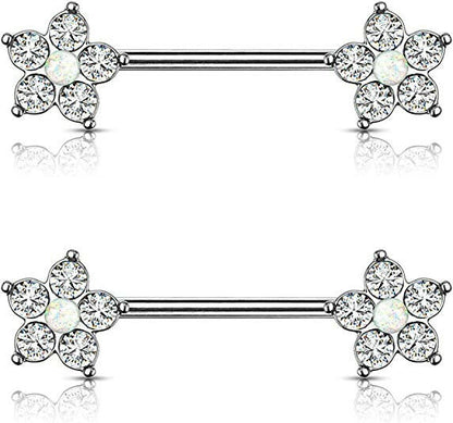 Surgical Steel 5 CZ Flower with Opal Glitter Center Nipple Barbell Rings Nipple Ring Impulse Piercings White