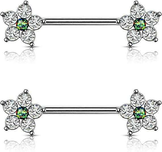 Surgical Steel 5 CZ Flower with Opal Glitter Center Nipple Barbell Rings Nipple Ring Impulse Piercings Dark Green