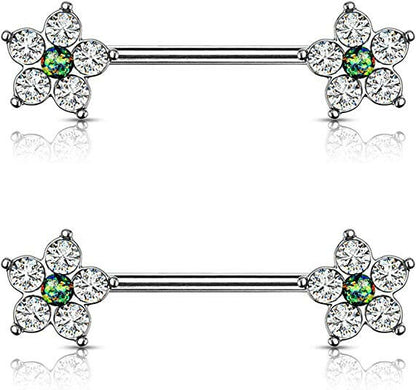 Surgical Steel 5 CZ Flower with Opal Glitter Center Nipple Barbell Rings Nipple Ring Impulse Piercings Dark Green