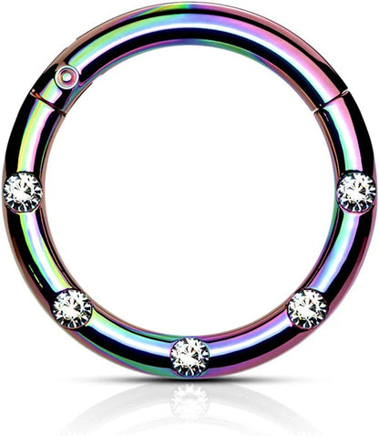 Surgical Steel 5 Flush Front Facing Petite Crystals Hinged Segment Hoop Ring Nose Ring Impulse Piercings 16GA Length: 8mm Rainbow