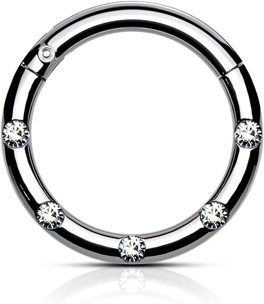 Surgical Steel 5 Flush Front Facing Petite Crystals Hinged Segment Hoop Ring Nose Ring Impulse Piercings 16GA Length: 8mm Steel