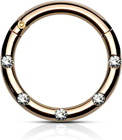 Surgical Steel 5 Flush Front Facing Petite Crystals Hinged Segment Hoop Ring Nose Ring Impulse Piercings 16GA Length: 8mm Rose Gold