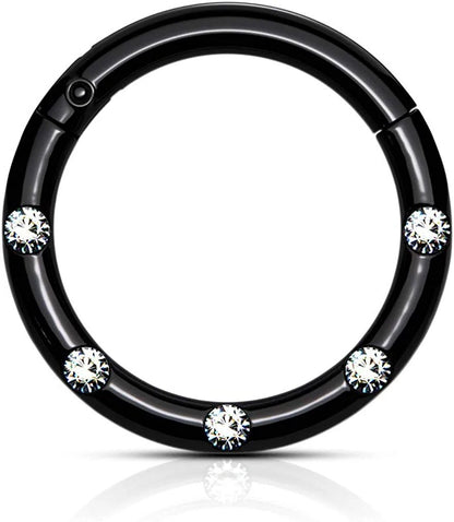 Surgical Steel 5 Flush Front Facing Petite Crystals Hinged Segment Hoop Ring Nose Ring Impulse Piercings 16GA Length: 8mm Black