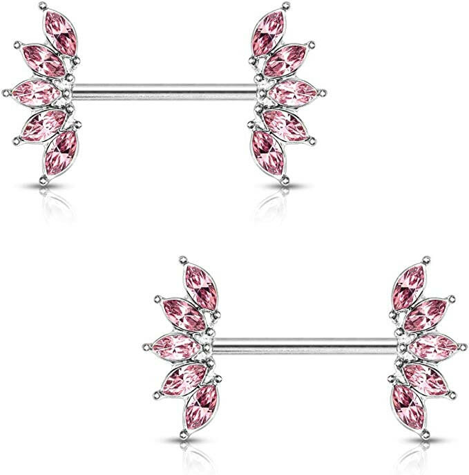 Surgical Steel 5 Marquise Crystals Fan Ends Nipple Barbell Rings Nipple Ring Impulse Piercings Pink