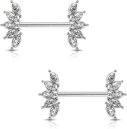 Surgical Steel 5 Marquise Crystals Fan Ends Nipple Barbell Rings Nipple Ring Impulse Piercings Clear