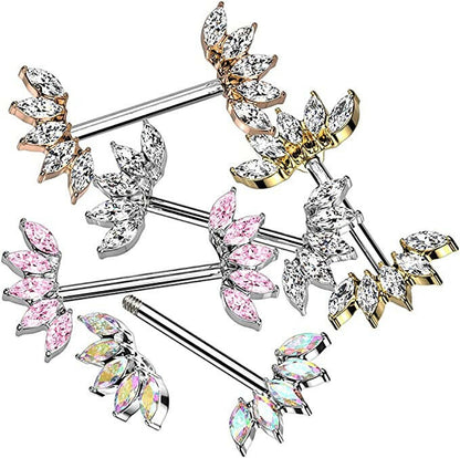 Surgical Steel 5 Marquise Crystals Fan Ends Nipple Barbell Rings Nipple Ring Impulse Piercings