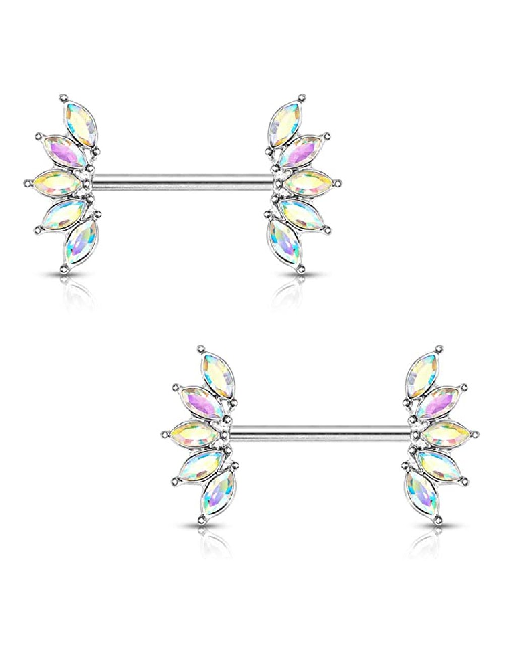 Surgical Steel 5 Marquise Crystals Fan Ends Nipple Barbell Rings Nipple Ring Impulse Piercings Aurora Borealis