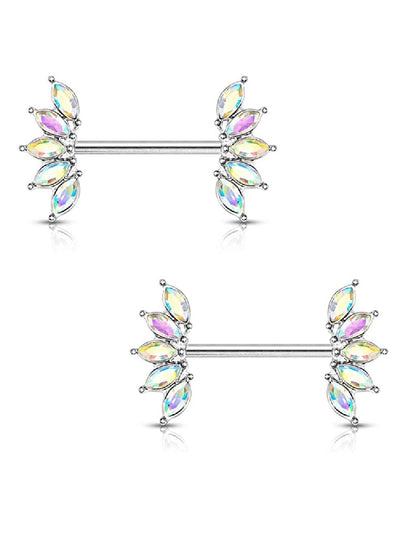 Surgical Steel 5 Marquise Crystals Fan Ends Nipple Barbell Rings Nipple Ring Impulse Piercings Aurora Borealis