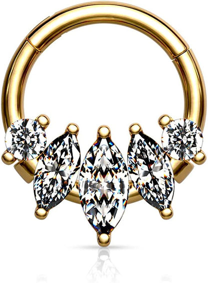 Surgical Steel 5-Marquise CZ Hinged Segment Hoop Ring Nose Ring Impulse Piercings Gold