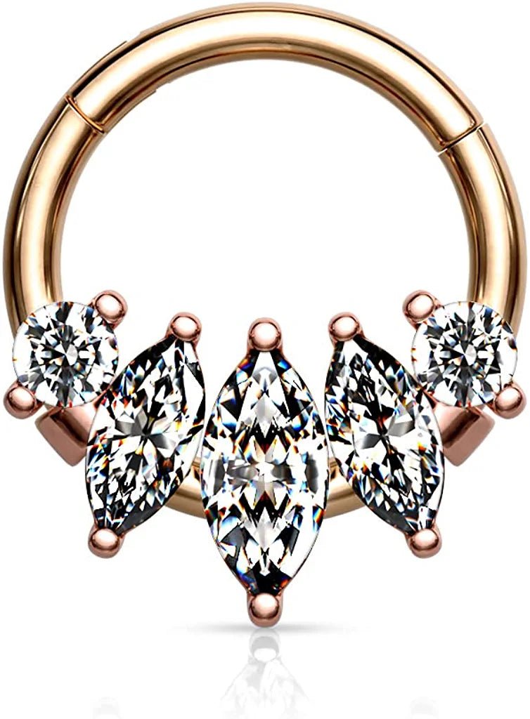 Surgical Steel 5-Marquise CZ Hinged Segment Hoop Ring Nose Ring Impulse Piercings Rose Gold