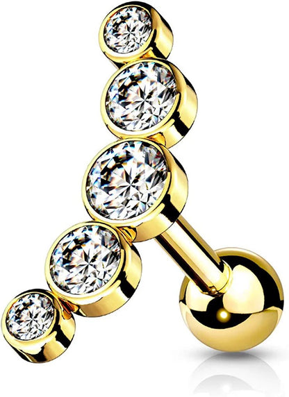 Surgical Steel 5-Round Gem Curve Top Cartilage Barbell Stud Barbell Impulse Piercings Gold