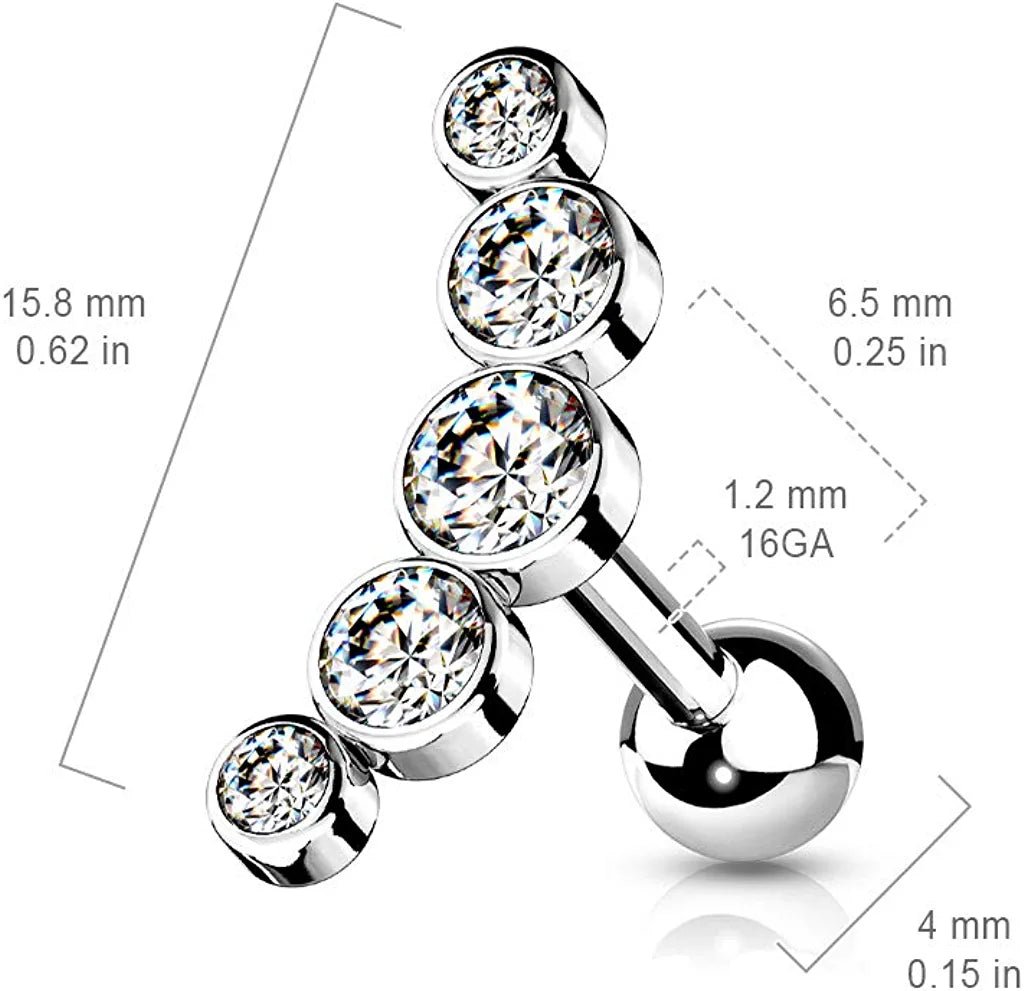 Surgical Steel 5-Round Gem Curve Top Cartilage Barbell Stud Barbell Impulse Piercings