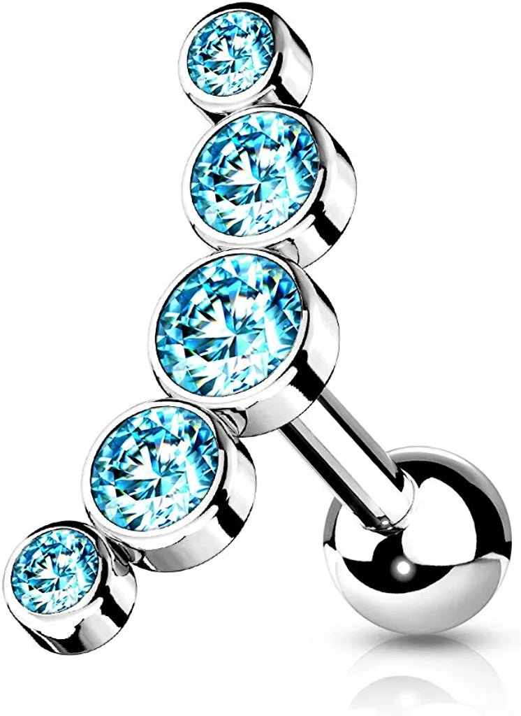 Surgical Steel 5-Round Gem Curve Top Cartilage Barbell Stud Barbell Impulse Piercings Aqua