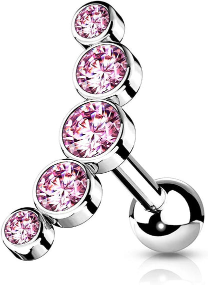 Surgical Steel 5-Round Gem Curve Top Cartilage Barbell Stud Barbell Impulse Piercings Pink