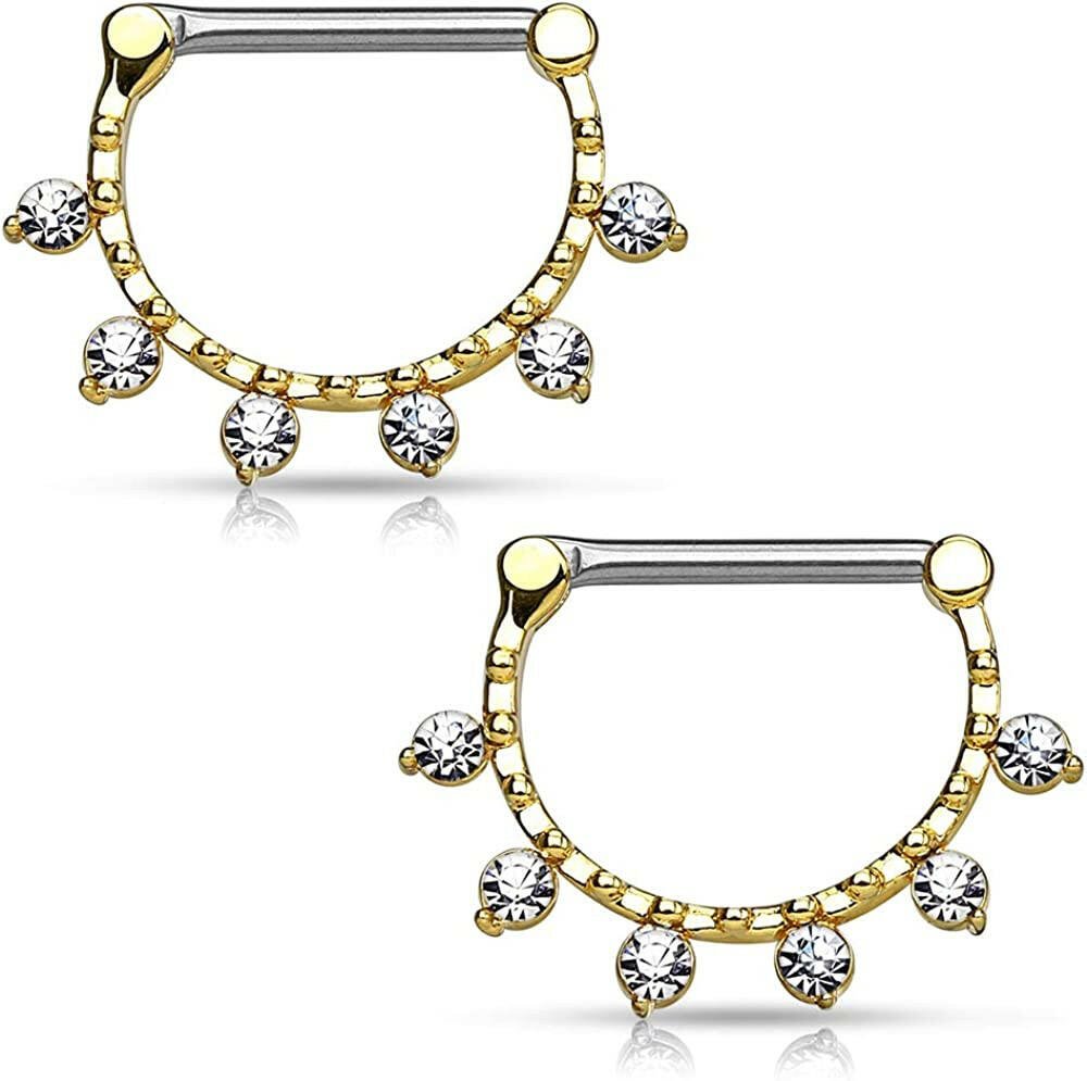 Surgical Steel 6 Crystals Hanging Beaded Line Nipple Clickers Nipple Ring Impulse Piercings Gold