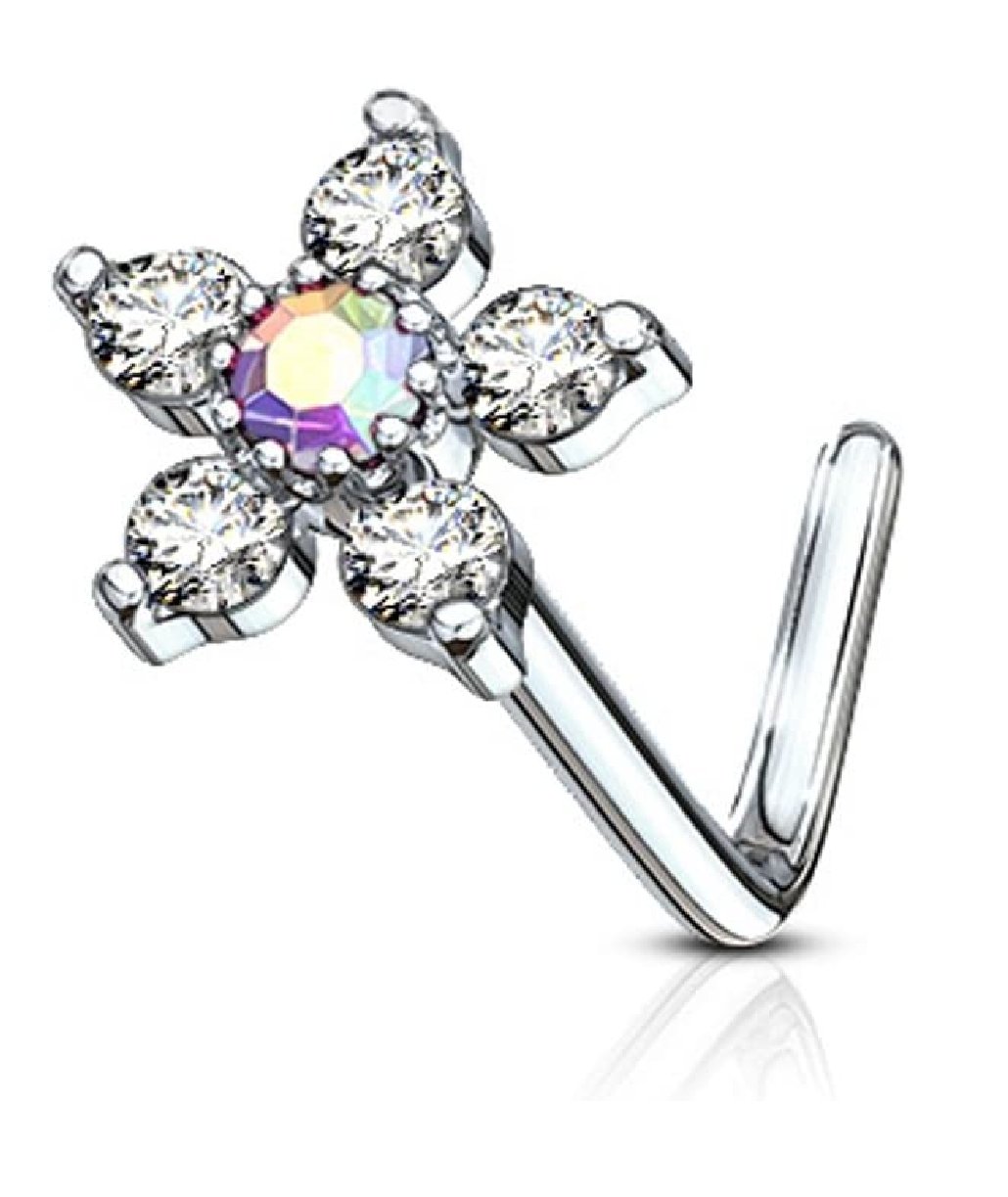 Surgical Steel 6 CZ Flower Top L Shaped Nose Ring Nose Ring Impulse Piercings Aurora Borealis