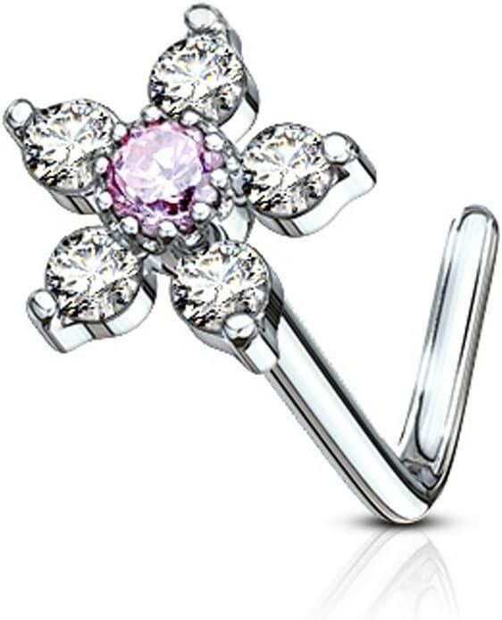 Surgical Steel 6 CZ Flower Top L Shaped Nose Ring Nose Ring Impulse Piercings Pink