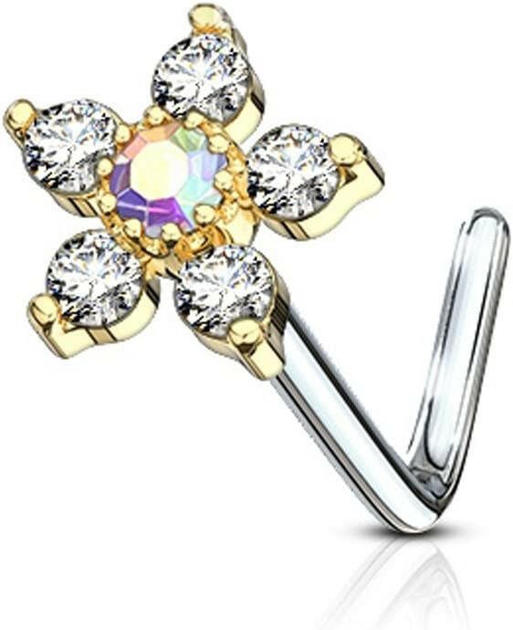 Surgical Steel 6 CZ Flower Top L Shaped Nose Ring Nose Ring Impulse Piercings Gold