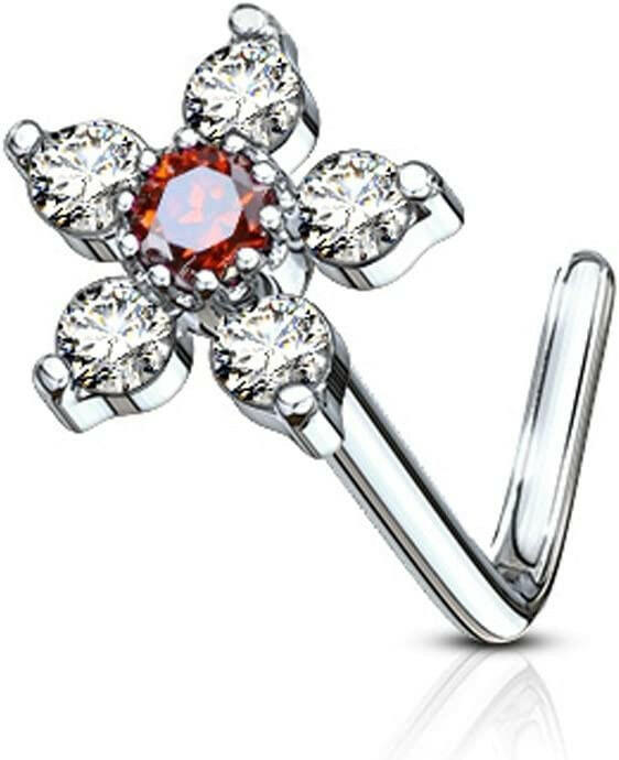 Surgical Steel 6 CZ Flower Top L Shaped Nose Ring Nose Ring Impulse Piercings Red