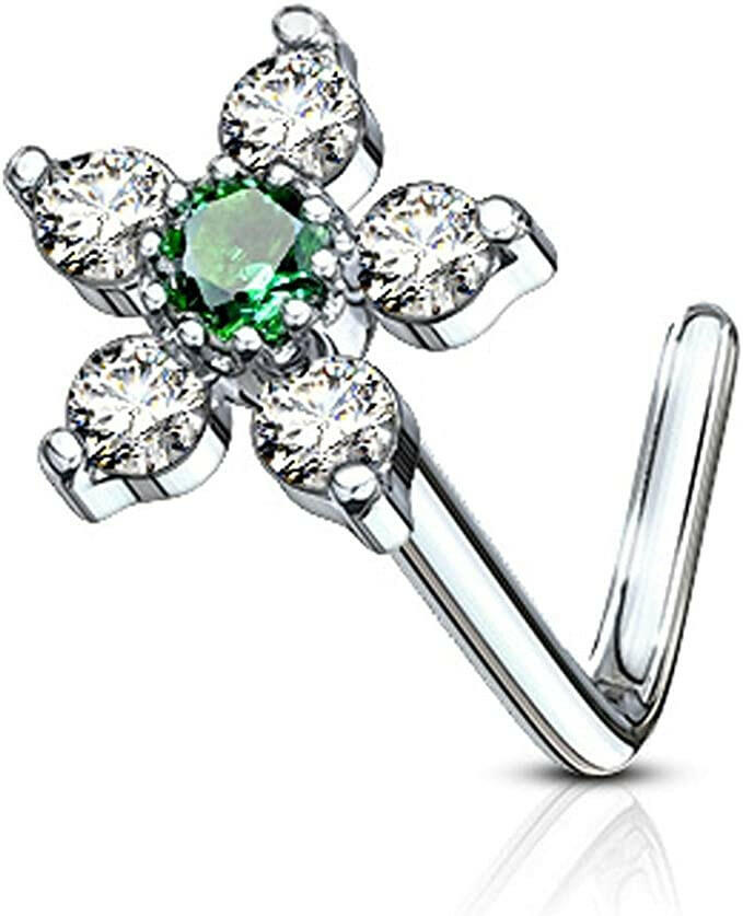 Surgical Steel 6 CZ Flower Top L Shaped Nose Ring Nose Ring Impulse Piercings Emerald