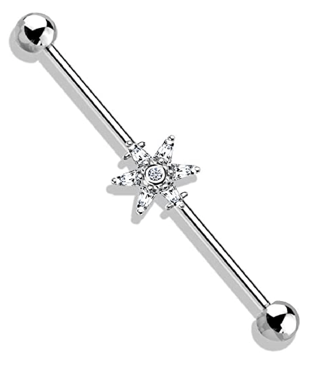 Surgical Steel 6 Princess Cut CZ Petal Flower Industrial Barbell Industrial Barbell Impulse Piercings Clear