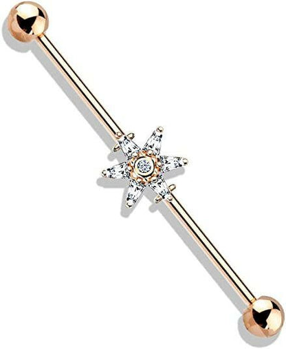 Surgical Steel 6 Princess Cut CZ Petal Flower Industrial Barbell Industrial Barbell Impulse Piercings Rose Gold