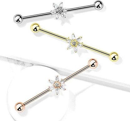 Surgical Steel 6 Princess Cut CZ Petal Flower Industrial Barbell Industrial Barbell Impulse Piercings