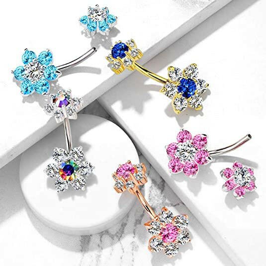 Surgical Steel 7 CZ Flower With CZ Flower Top Belly Navel Ring Navel Ring Impulse Piercings