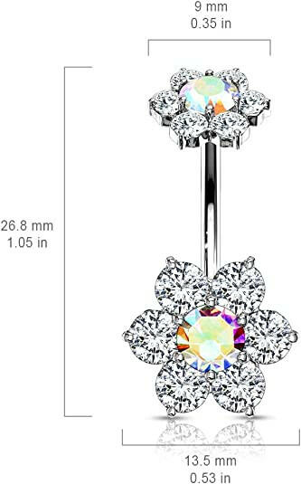 Surgical Steel 7 CZ Flower With CZ Flower Top Belly Navel Ring Navel Ring Impulse Piercings