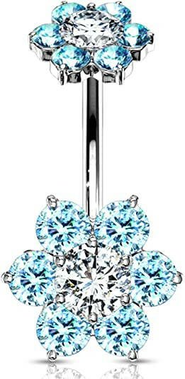 Surgical Steel 7 CZ Flower With CZ Flower Top Belly Navel Ring Navel Ring Impulse Piercings Aqua