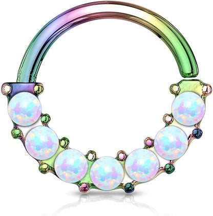 Surgical Steel 7 Opal Front Facing Bendable Hoop Rings for Ear Cartilage Daith Nose Septum Nose Ring Impulse Piercings 18GA Length: 8mm Rainbow