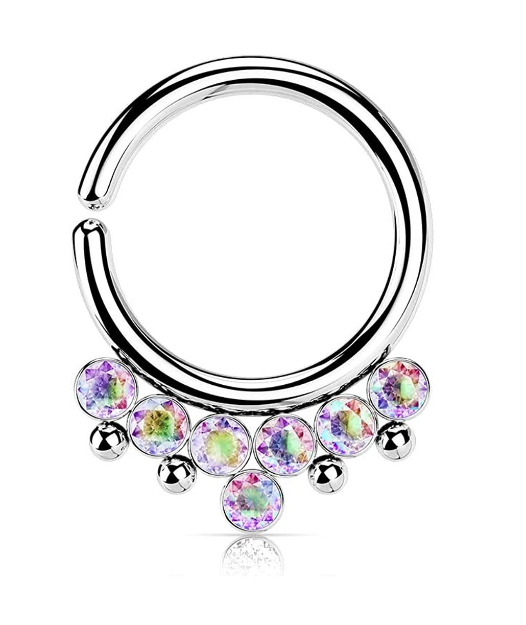 Surgical Steel 7 Round CZ Flat Balls and Beads Bendable Hoop Ring Nose Ring, cartilage ring Impulse Piercings 18GA Length: 8mm Aurora Borealis