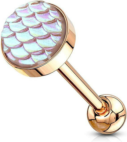 Surgical Steel AB Effect Fish Scale Flat Top Barbells Tongue Rings Barbell Impulse Piercings Rose Gold/Pink