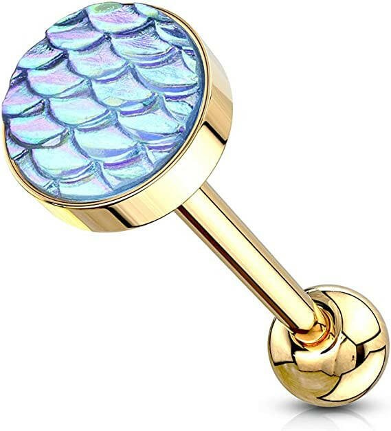 Surgical Steel AB Effect Fish Scale Flat Top Barbells Tongue Rings Barbell Impulse Piercings Gold/Aqua