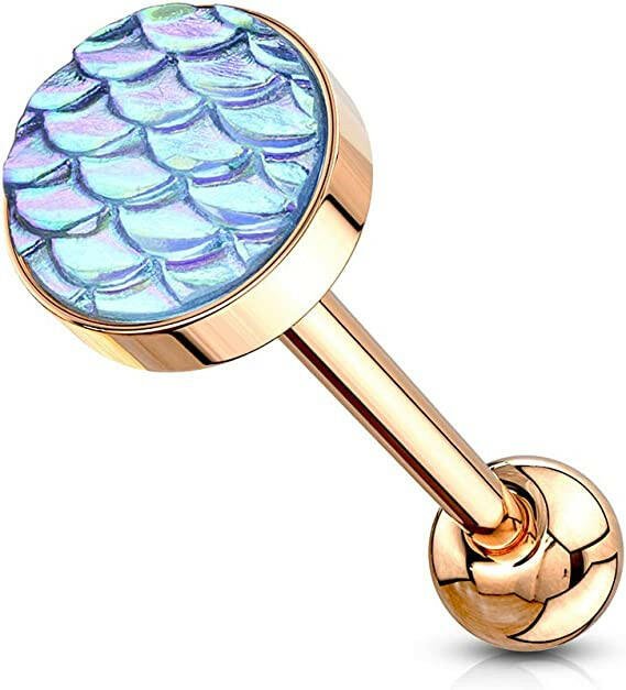 Surgical Steel AB Effect Fish Scale Flat Top Barbells Tongue Rings Barbell Impulse Piercings Rose Gold/Aqua