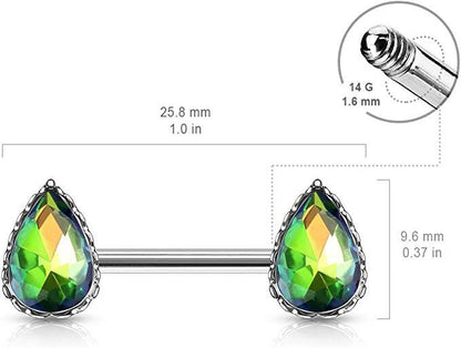 Surgical Steel AB Effect Tear Drop Gem with Heart Filigree Encasing Nipple Barbell Rings Nipple Ring Impulse Piercings