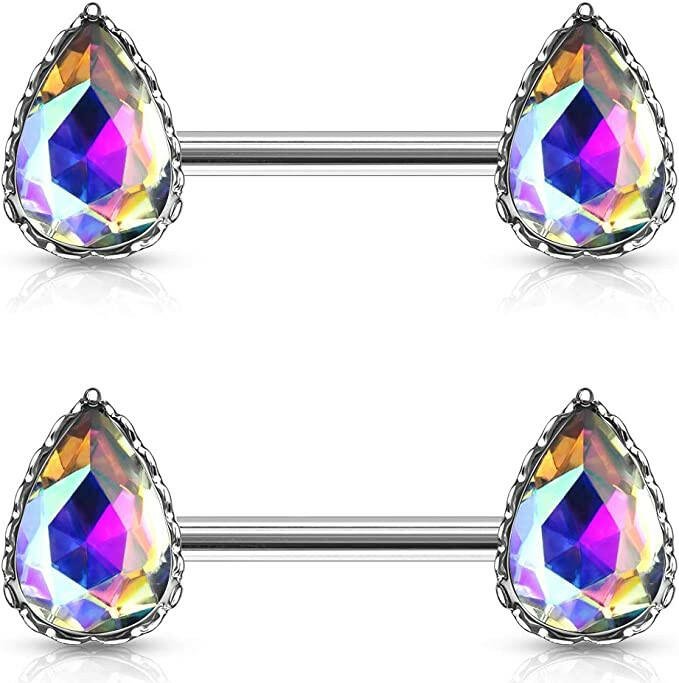 Surgical Steel AB Effect Tear Drop Gem with Heart Filigree Encasing Nipple Barbell Rings Nipple Ring Impulse Piercings Clear