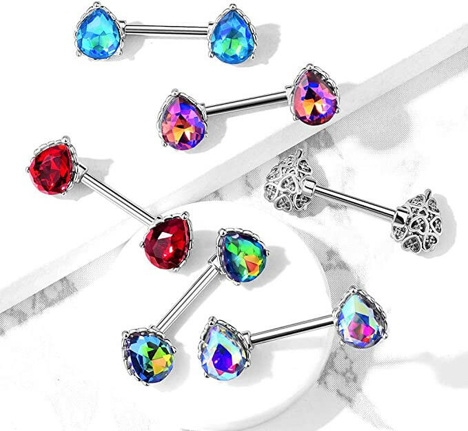 Surgical Steel AB Effect Tear Drop Gem with Heart Filigree Encasing Nipple Barbell Rings Nipple Ring Impulse Piercings