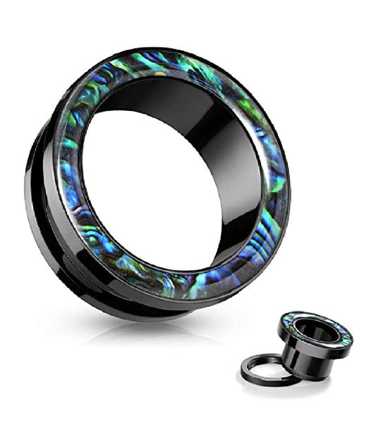 Surgical Steel Abalone Rimmed Black Screw Fit Flesh Tunnel Plugs Impulse Piercings 2GA (6mm)