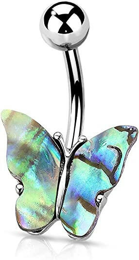 Surgical Steel Abalone Shell Covered Butterfly Belly Navel Ring Navel Ring Impulse Piercings Silver