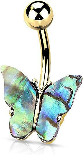 Surgical Steel Abalone Shell Covered Butterfly Belly Navel Ring Navel Ring Impulse Piercings Gold