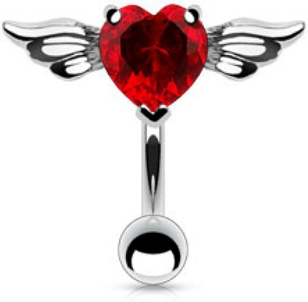 Surgical Steel Angel Winge Heart CZ with Top Down Belly Navel Ring Navel Ring Impulse Piercings Red