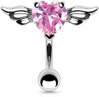 Surgical Steel Angel Winge Heart CZ with Top Down Belly Navel Ring Navel Ring Impulse Piercings Pink