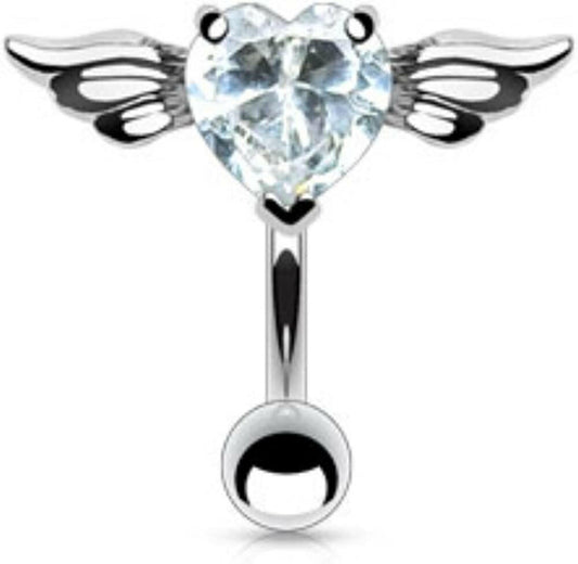 Surgical Steel Angel Winge Heart CZ with Top Down Belly Navel Ring Navel Ring Impulse Piercings Clear