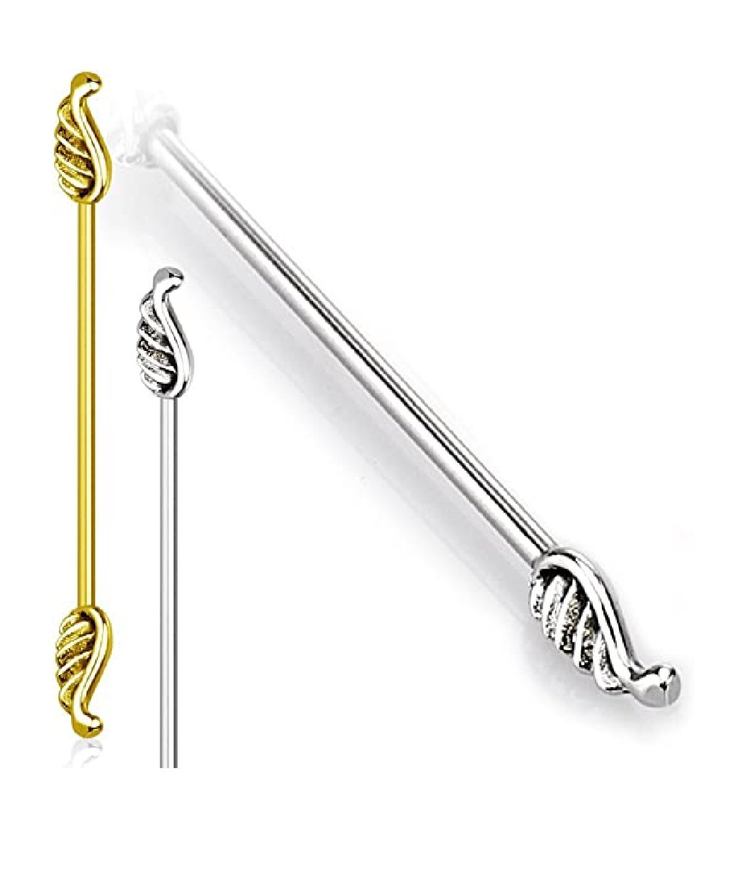 Surgical Steel Angel Wings Industrial Barbell Industrial Barbell Impulse Piercings 16GA Length: 1&1/2" (38mm) Gold