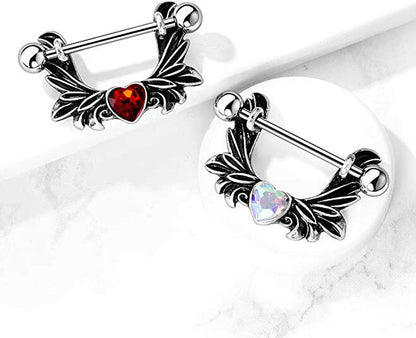 Surgical Steel Angel Wings With Heart-Centered Crystal Nipple Shield Rings Nipple Ring Impulse Piercings